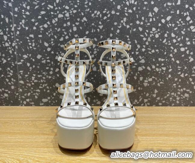 Good Quality Valentino Rockstud Calf Leather Platform Sandals 15cm White 020974