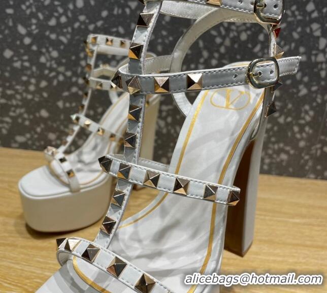 Good Quality Valentino Rockstud Calf Leather Platform Sandals 15cm White 020974