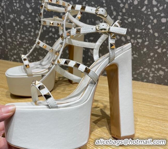 Good Quality Valentino Rockstud Calf Leather Platform Sandals 15cm White 020974