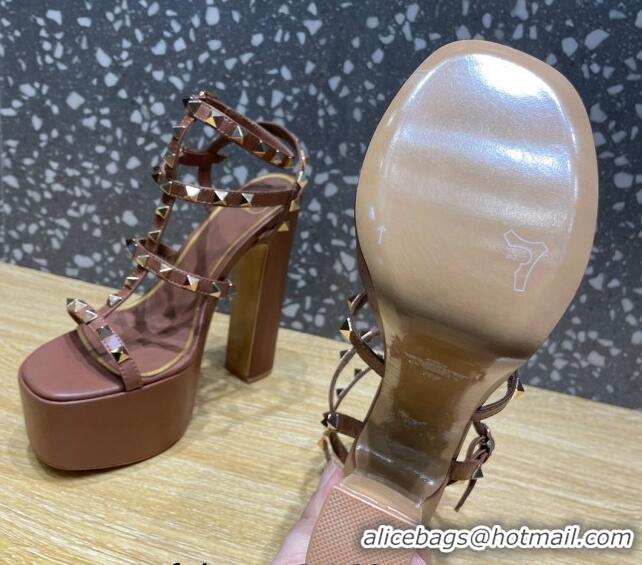 Pretty Style Valentino Rockstud Calf Leather Platform Sandals 15cm Brown 020975