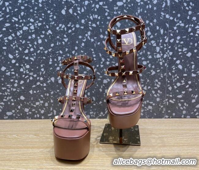 Pretty Style Valentino Rockstud Calf Leather Platform Sandals 15cm Brown 020975