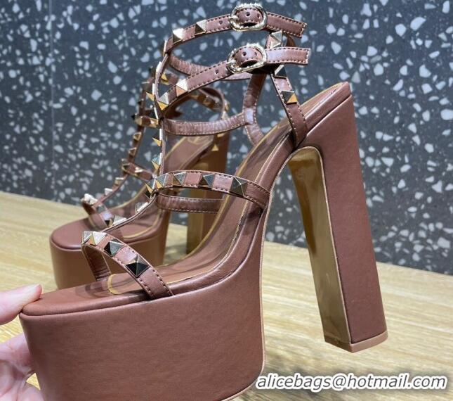 Pretty Style Valentino Rockstud Calf Leather Platform Sandals 15cm Brown 020975