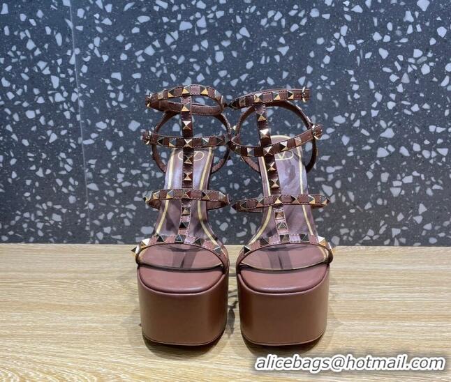 Pretty Style Valentino Rockstud Calf Leather Platform Sandals 15cm Brown 020975