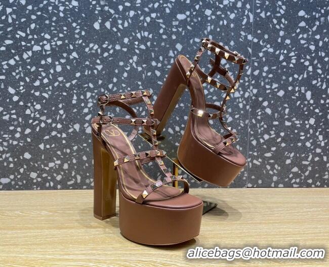 Pretty Style Valentino Rockstud Calf Leather Platform Sandals 15cm Brown 020975