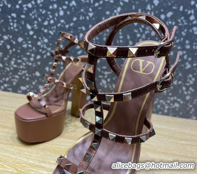 Pretty Style Valentino Rockstud Calf Leather Platform Sandals 15cm Brown 020975