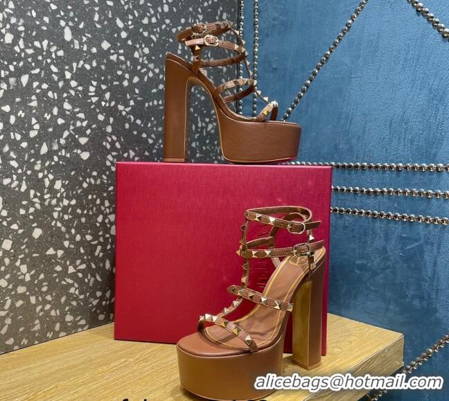 Pretty Style Valentino Rockstud Calf Leather Platform Sandals 15cm Brown 020975