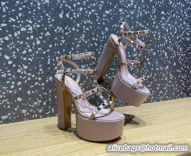 Best Price Valentino Rockstud Calf Leather Platform Sandals 15cm Dusty Pink 020978