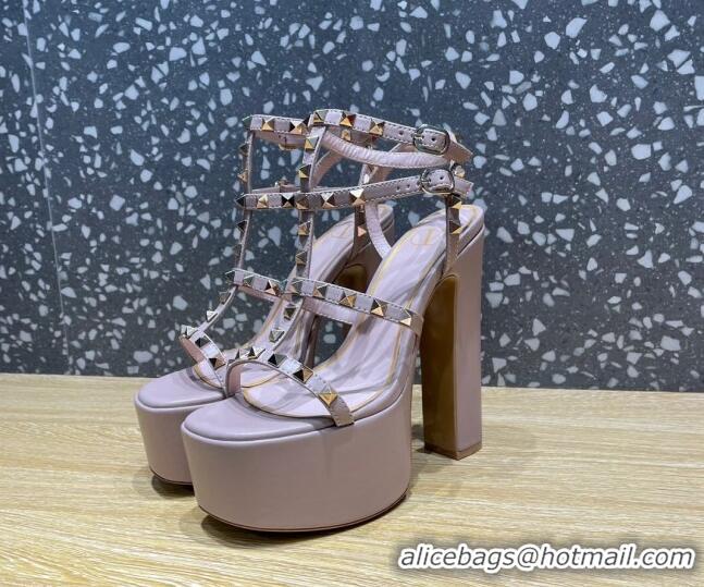 Best Price Valentino Rockstud Calf Leather Platform Sandals 15cm Dusty Pink 020978