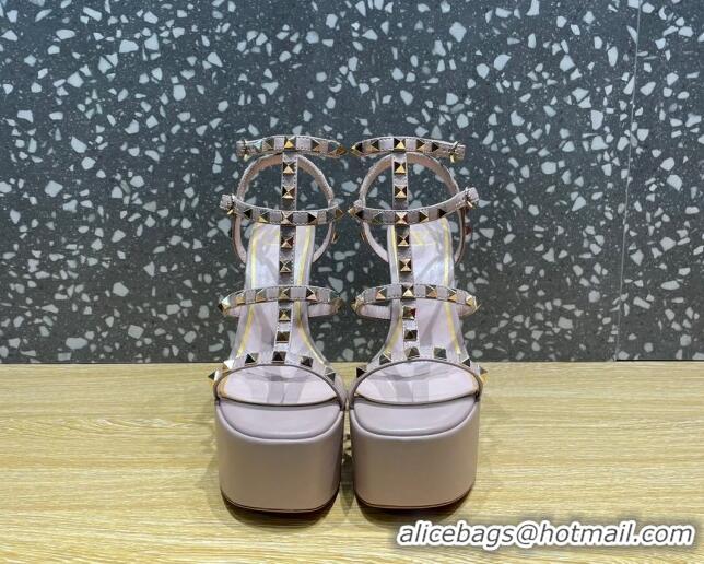 Best Price Valentino Rockstud Calf Leather Platform Sandals 15cm Dusty Pink 020978