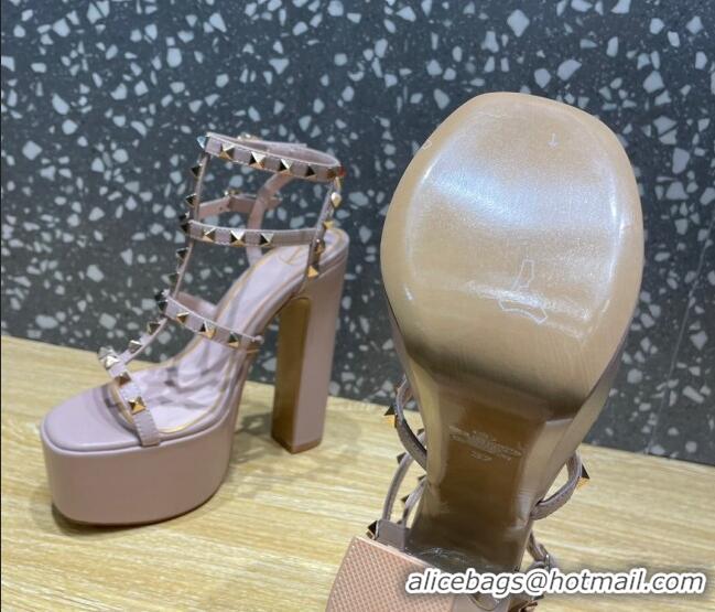 Best Price Valentino Rockstud Calf Leather Platform Sandals 15cm Dusty Pink 020978