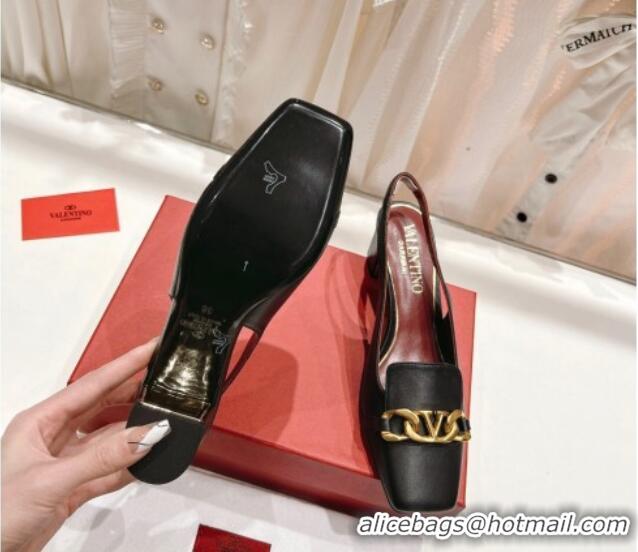 Good Quality Valentino Lambskin Slingback Pumps 4.5cm with Chain Black 022506