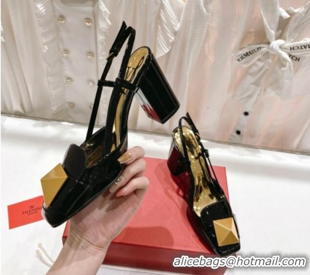 Good Quality Valentino ONE STUD Patent Leather Slingback Pumps 9.5cm Black 022510