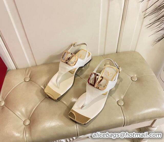 Grade Valentino VLogo Calf Leather Flat Thong Sandals White 030182