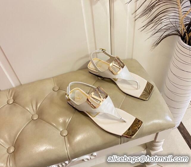 Grade Valentino VLogo Calf Leather Flat Thong Sandals White 030182