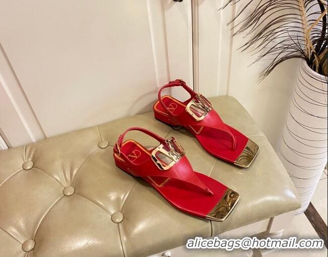 Luxury Cheap Valentino VLogo Calf Leather Flat Thong Sandals Red 030183