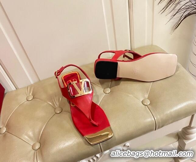 Luxury Cheap Valentino VLogo Calf Leather Flat Thong Sandals Red 030183