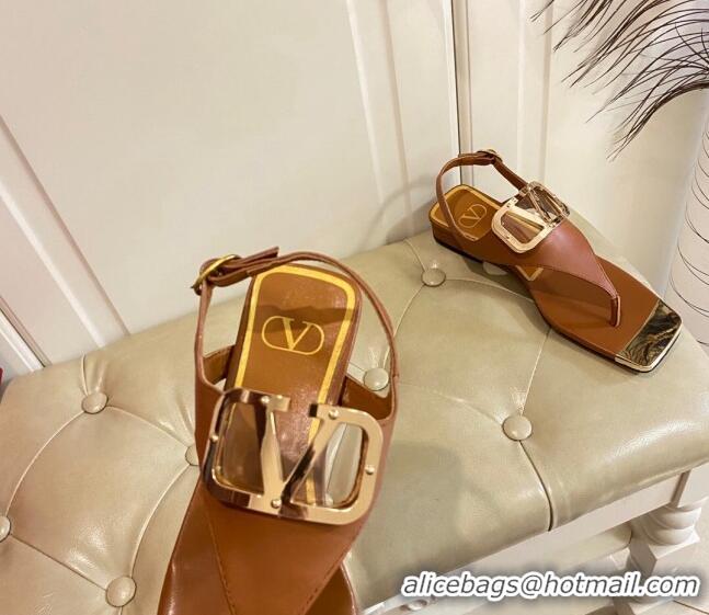 Luxury Valentino VLogo Calf Leather Flat Thong Sandals Brown 030184