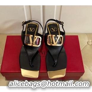 Perfect Valentino VLogo Calf Leather Flat Thong Sandals Black 030187