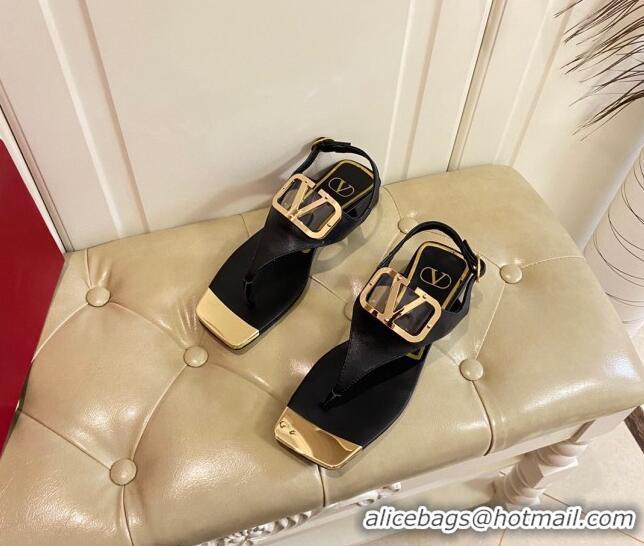 Perfect Valentino VLogo Calf Leather Flat Thong Sandals Black 030187