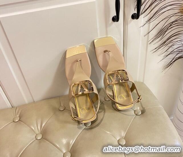 Top Grade Valentino VLogo Calf Leather Flat Thong Sandals Beige 030188