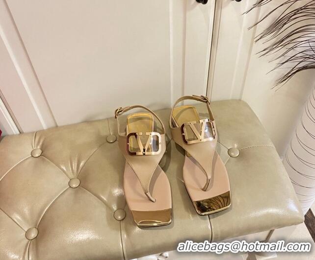 Top Grade Valentino VLogo Calf Leather Flat Thong Sandals Beige 030188