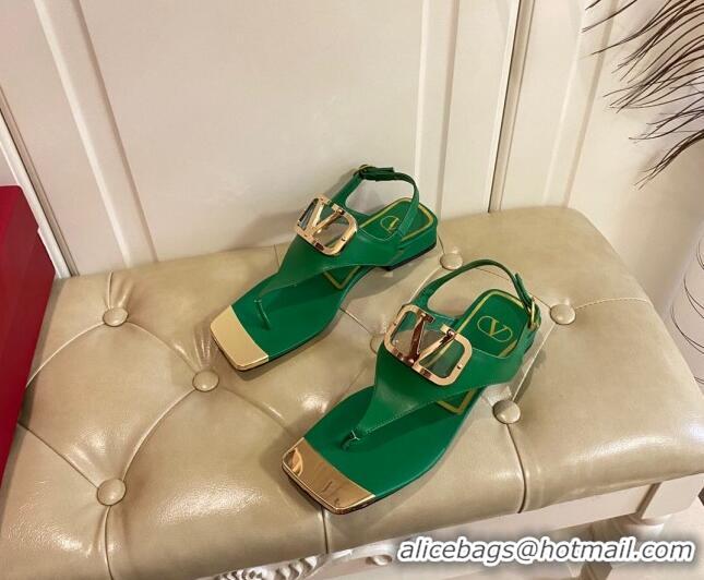 Classic Hot Valentino VLogo Calf Leather Flat Thong Sandals Green 030189