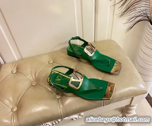 Classic Hot Valentino VLogo Calf Leather Flat Thong Sandals Green 030189