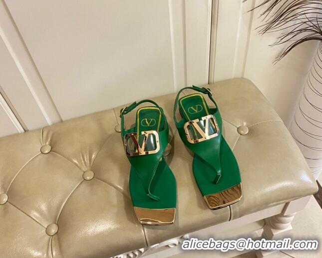 Classic Hot Valentino VLogo Calf Leather Flat Thong Sandals Green 030189