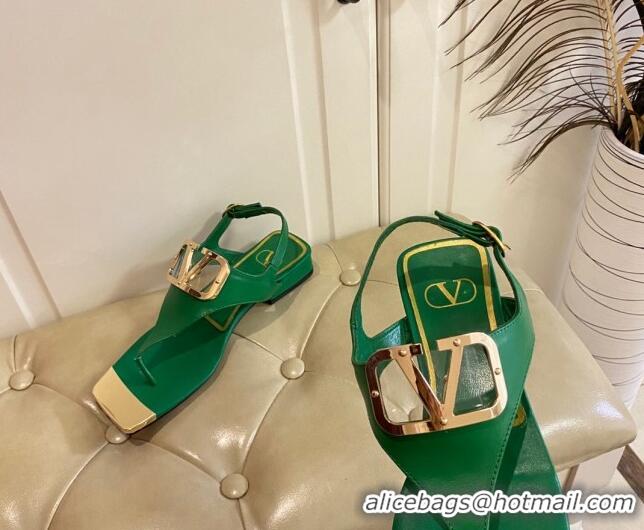 Classic Hot Valentino VLogo Calf Leather Flat Thong Sandals Green 030189