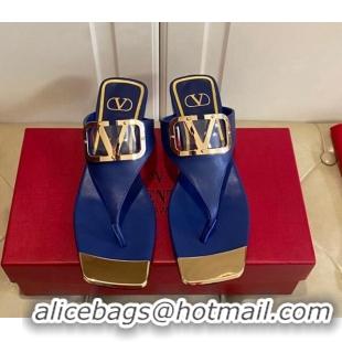 Popular Style Valentino VLogo Leather Flat Thong Slide Sandals Blue 030190