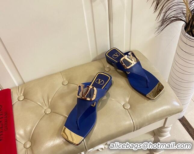 Popular Style Valentino VLogo Leather Flat Thong Slide Sandals Blue 030190