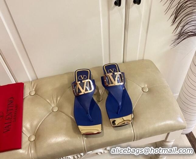 Popular Style Valentino VLogo Leather Flat Thong Slide Sandals Blue 030190