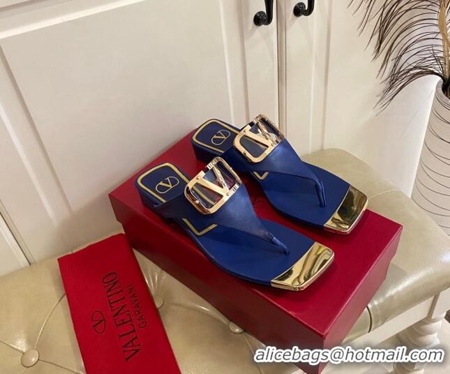 Popular Style Valentino VLogo Leather Flat Thong Slide Sandals Blue 030190