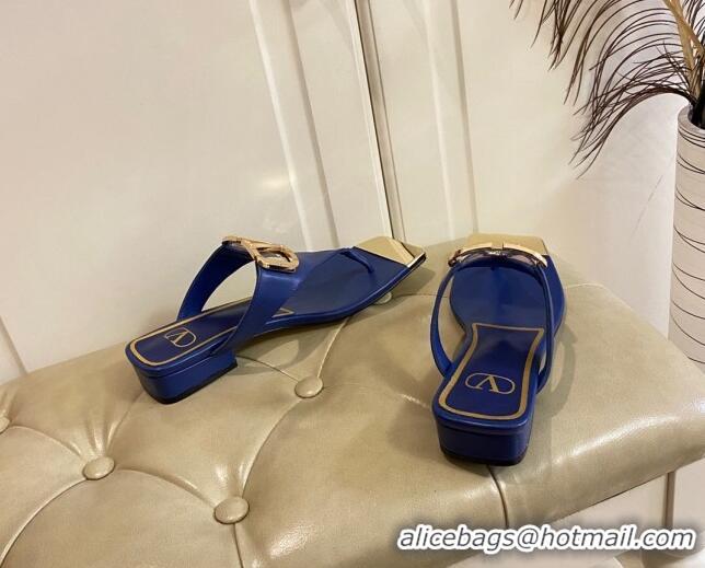 Popular Style Valentino VLogo Leather Flat Thong Slide Sandals Blue 030190