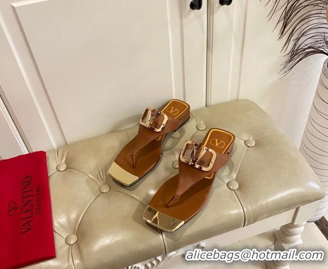 Sophisticated Valentino VLogo Leather Flat Thong Slide Sandals Brown 030191