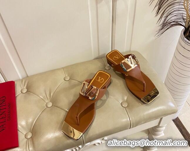 Sophisticated Valentino VLogo Leather Flat Thong Slide Sandals Brown 030191