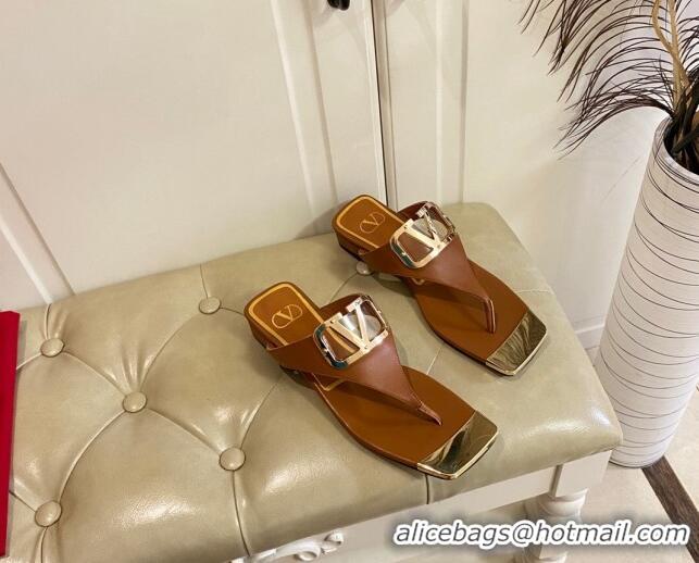 Sophisticated Valentino VLogo Leather Flat Thong Slide Sandals Brown 030191