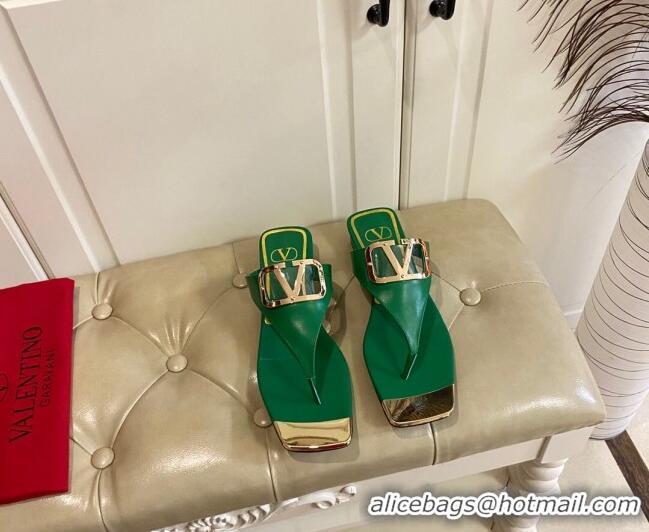 Good Looking Valentino VLogo Leather Flat Thong Slide Sandals Green 030192