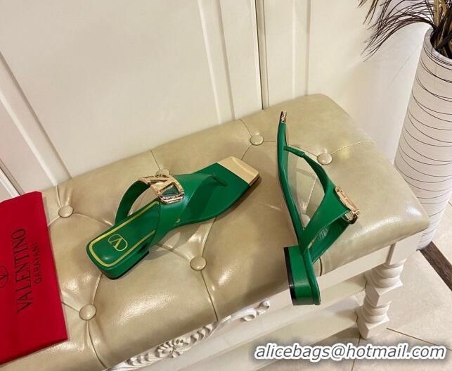 Good Looking Valentino VLogo Leather Flat Thong Slide Sandals Green 030192