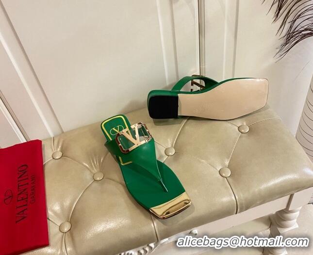 Good Looking Valentino VLogo Leather Flat Thong Slide Sandals Green 030192