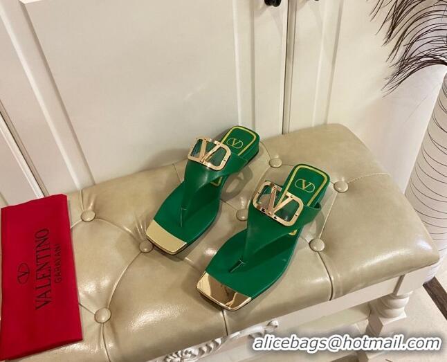 Good Looking Valentino VLogo Leather Flat Thong Slide Sandals Green 030192