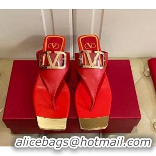 Pretty Style Valentino VLogo Leather Flat Thong Slide Sandals Red 030193