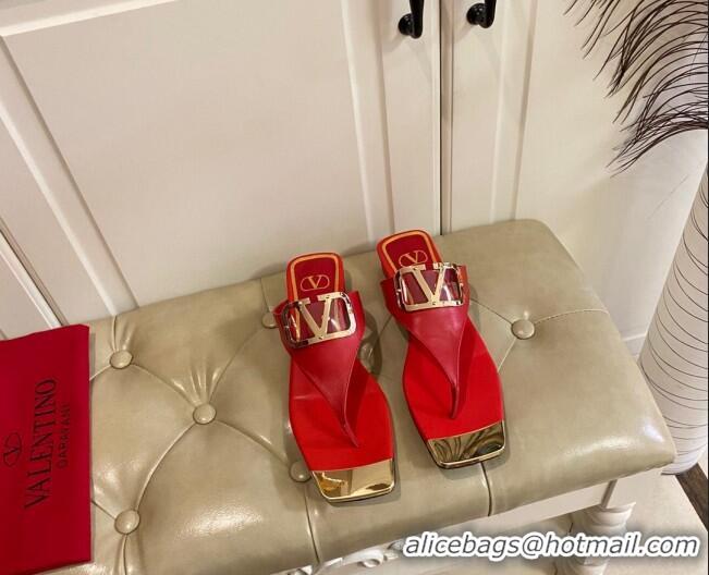 Pretty Style Valentino VLogo Leather Flat Thong Slide Sandals Red 030193