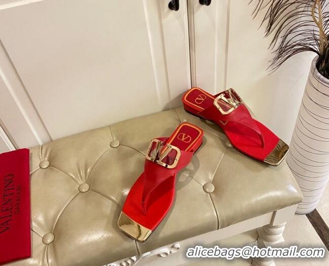 Pretty Style Valentino VLogo Leather Flat Thong Slide Sandals Red 030193