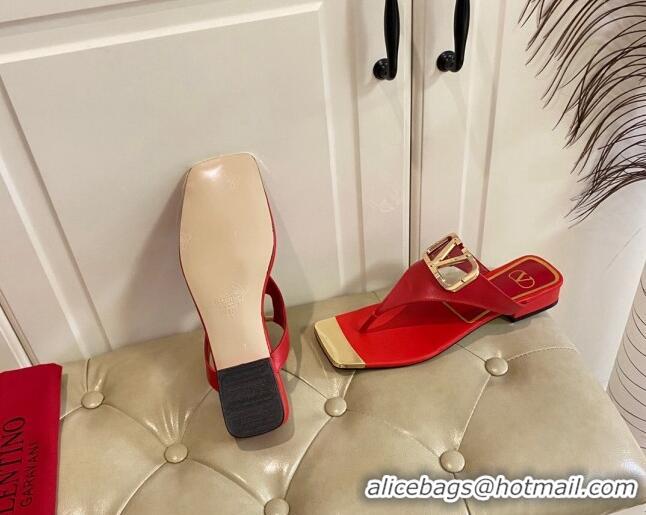 Pretty Style Valentino VLogo Leather Flat Thong Slide Sandals Red 030193