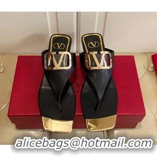 Top Grade Valentino VLogo Leather Flat Thong Slide Sandals Black 030194