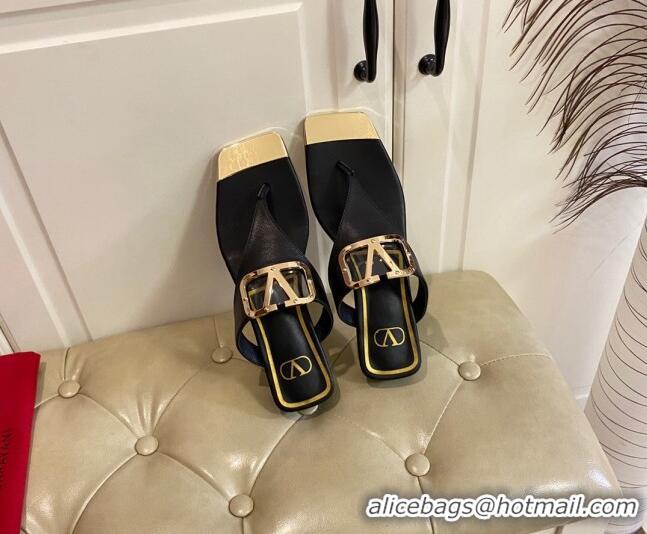 Top Grade Valentino VLogo Leather Flat Thong Slide Sandals Black 030194