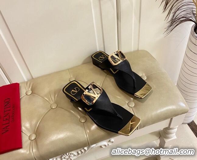 Top Grade Valentino VLogo Leather Flat Thong Slide Sandals Black 030194