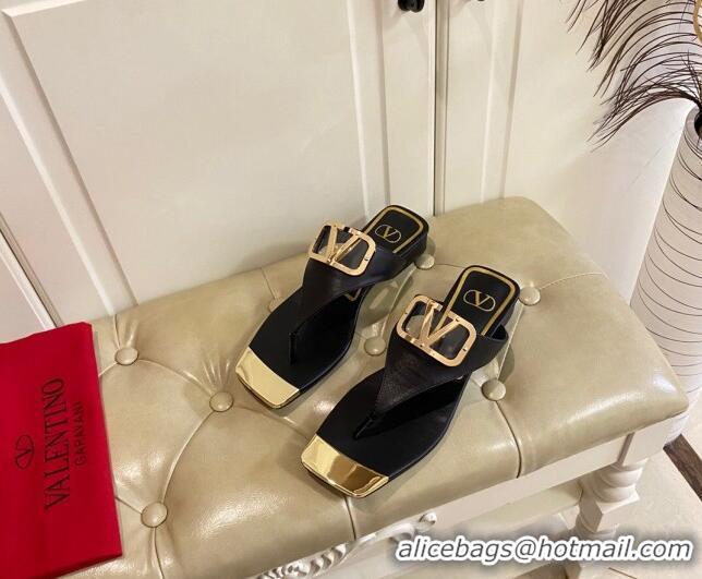 Top Grade Valentino VLogo Leather Flat Thong Slide Sandals Black 030194