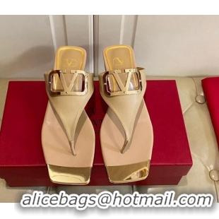 Discount Valentino VLogo Leather Flat Thong Slide Sandals Beige 030195